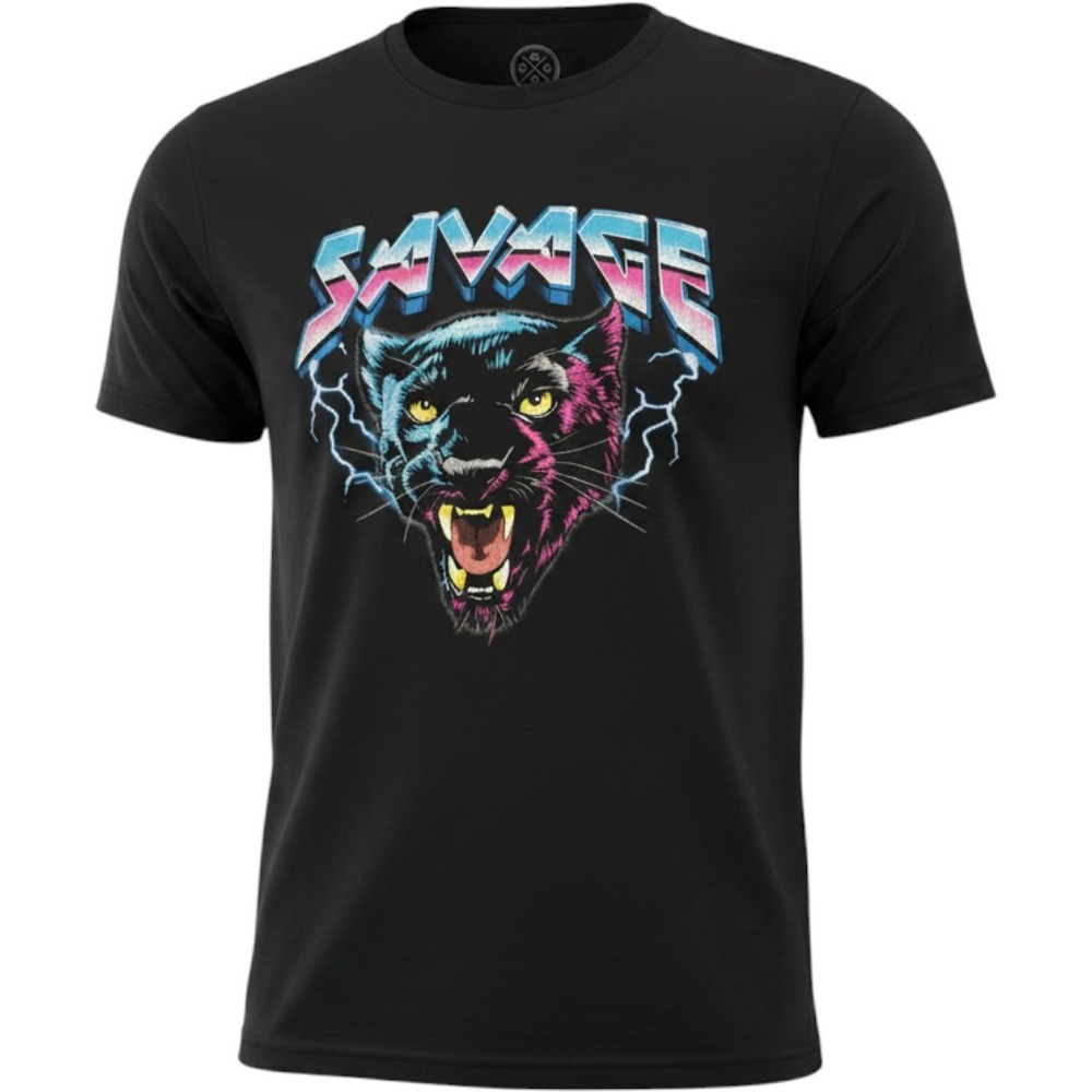 DOM Savage Black Panther Graphic T-Shirt Mens XL Retro Vaporwave Lightning Black
